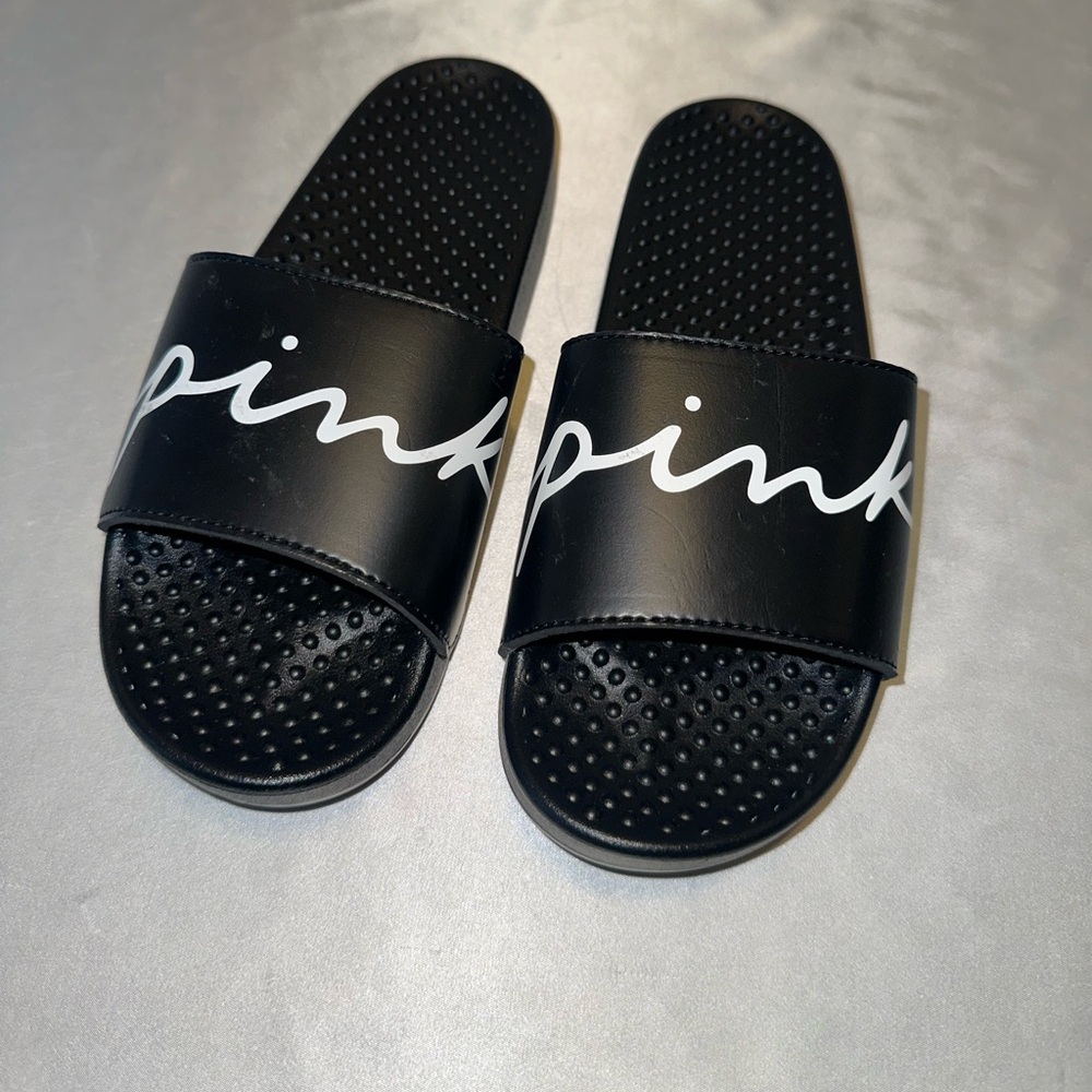 Victorias Secret Pink Logo Slides Sandals Shoes Black & White Script Small